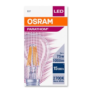 OSRAM LEDVANCE LED Glühlampenform Parathom Filament Classic A CLA75 E27 8 Watt 827 warmweiss extra klar