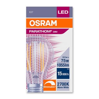 OSRAM LEDVANCE LED Glühlampenform Filament Parathom Classic A 8,5 Watt 827 2700 Kelvin warmweiss extra E27 dimmbar klar
