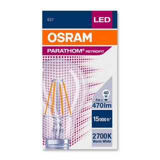 OSRAM LEDVANCE LED Glhlampenform Parathom Filament Classic A CLA40 E27 4 Watt 827 warmweiss extra klar