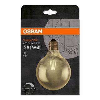 OSRAM LEDVANCE LED Globelampe Filament Vintage 1906 Globe125 Gold 6,5 Watt 824 2400 Kelvin warmweiss extra E27 dimmbar klar